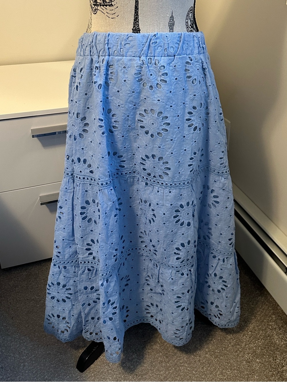 Light blue, tiered boho maxi skirt, elastic waist eyelet embroidery NWT
Size 1X